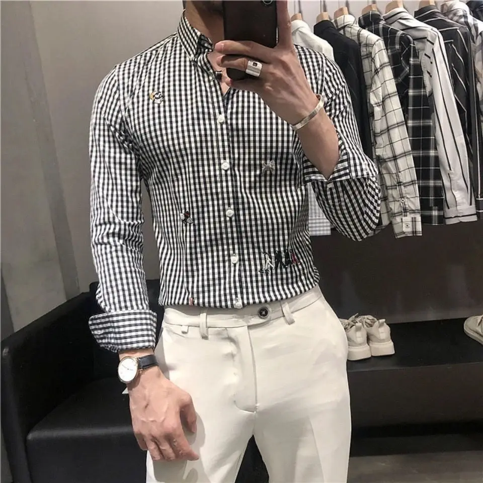 

Autumn New Style Men's Long Sleeve Plaid Shirt Embroidered Slim Fit Fashionable Korean Brand Stylish Hairdresser's Shirt
