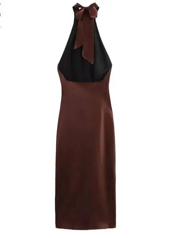 الرسن الساتان فستان طويل المرأة تعادل عارية الذراعين البني ميدي فستان الصيف قبالة الكتف فساتين الحفلات مطوي مساء فستان MKX8