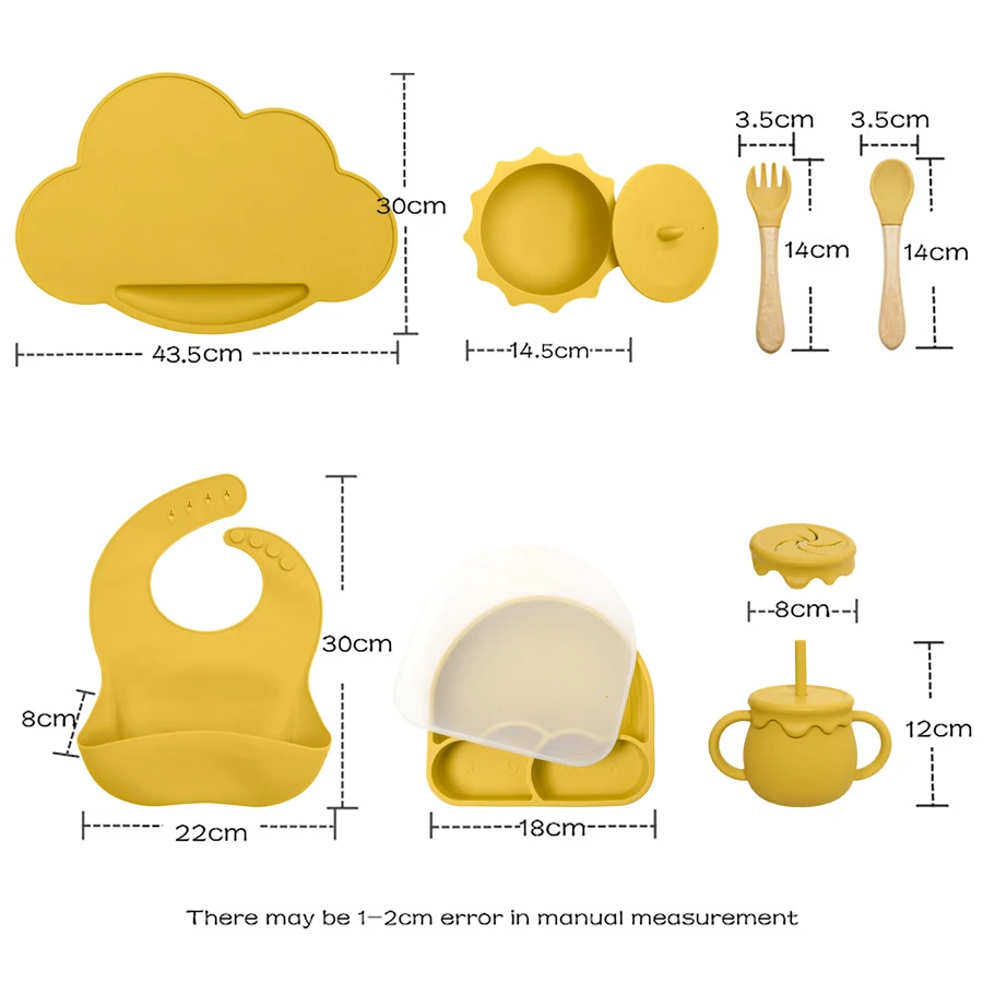 7PCS/Set Silicone Baby Feeding Set Kawaii Plate Baby Dishes Sucker Bowl Newborn Waterproof Bib Placemat Fork Spoon Tableware