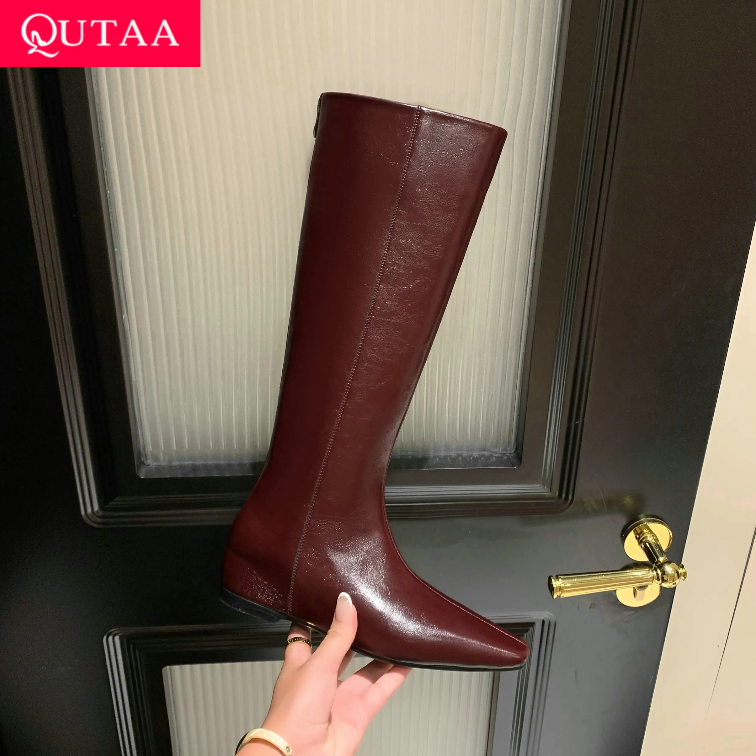 

QUTAA 2026 Fashion Winter Women Knee High Boots Cow Leather Pointed Toe Wedge Woman Shoes Mid Heels Motorcycle Long Boots 34-40
