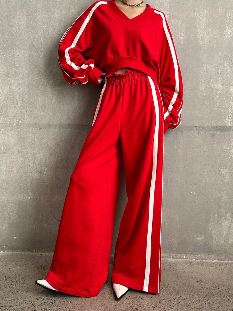 

Women's Red V Neck Long Sleeve Striped Crop Top and Wide Leg Pants Two-Piece Set Autumn Casual Sporty Slim Fit