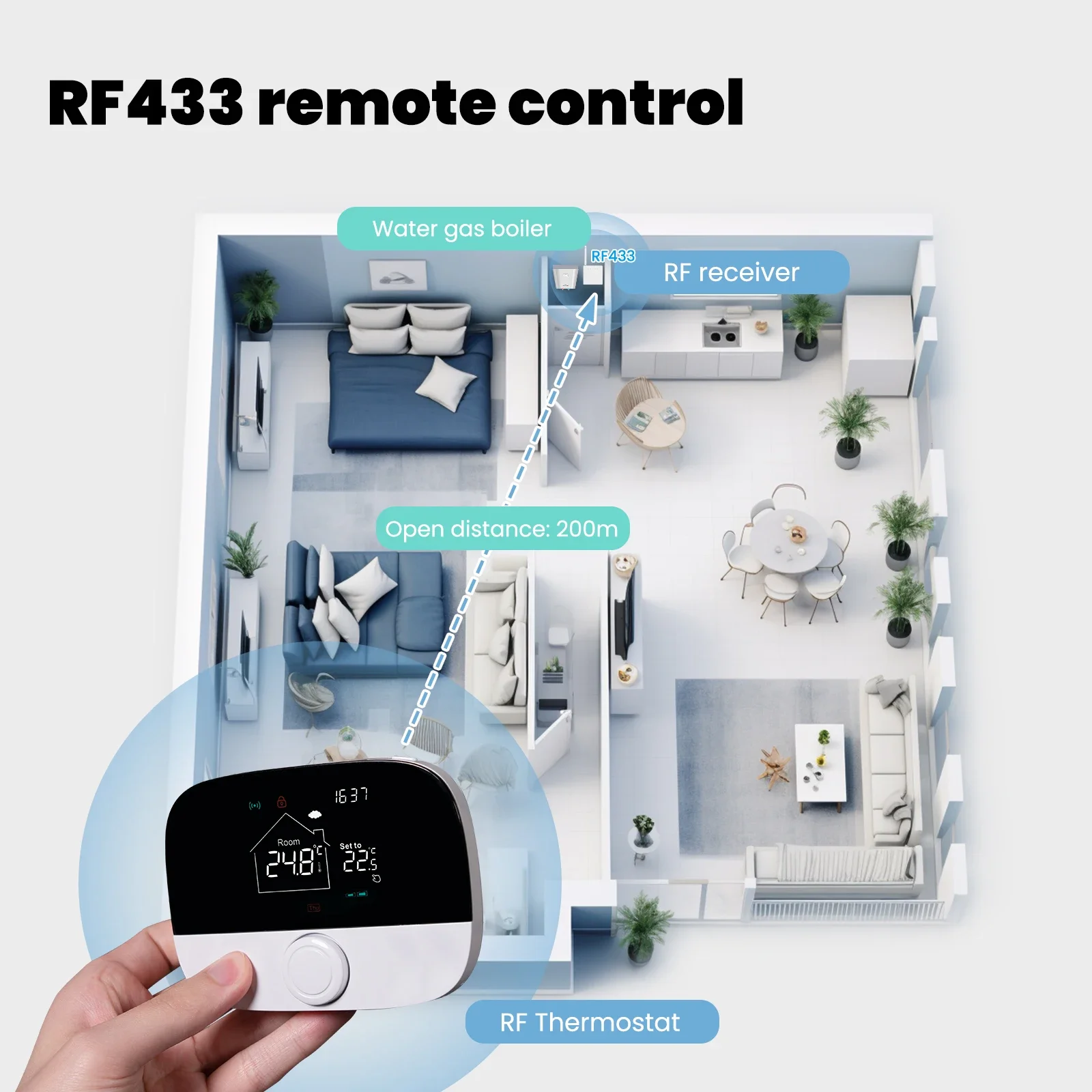 Wifi Smart Thermostat RF433 & APP Remote Control Transmitter Receiver Equipped Knob Button Control Work With Alexa Google Home