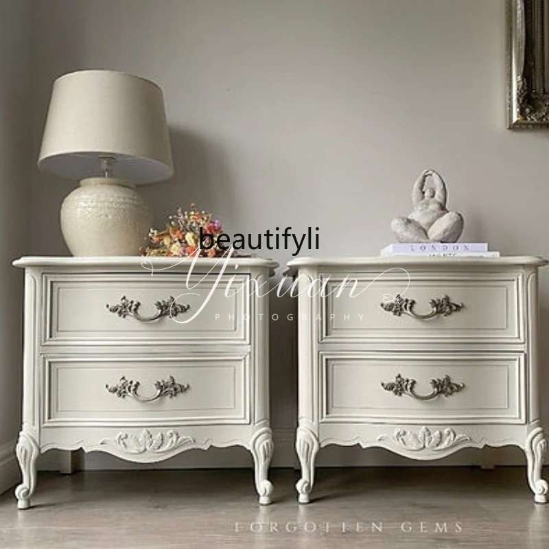 

American Style Solid Wood Bedside Table Oak White Distressed Vintage Carved Storage Cabinet French Furniture
