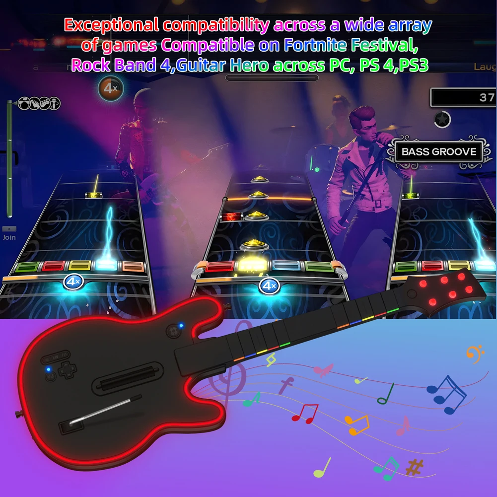 Wireless Guitar Controller 2.4G Wireless PC Guitar Controller with Strap & Wireless Dongle for PS4 PS3 PC Guitar Hero Clone Hero