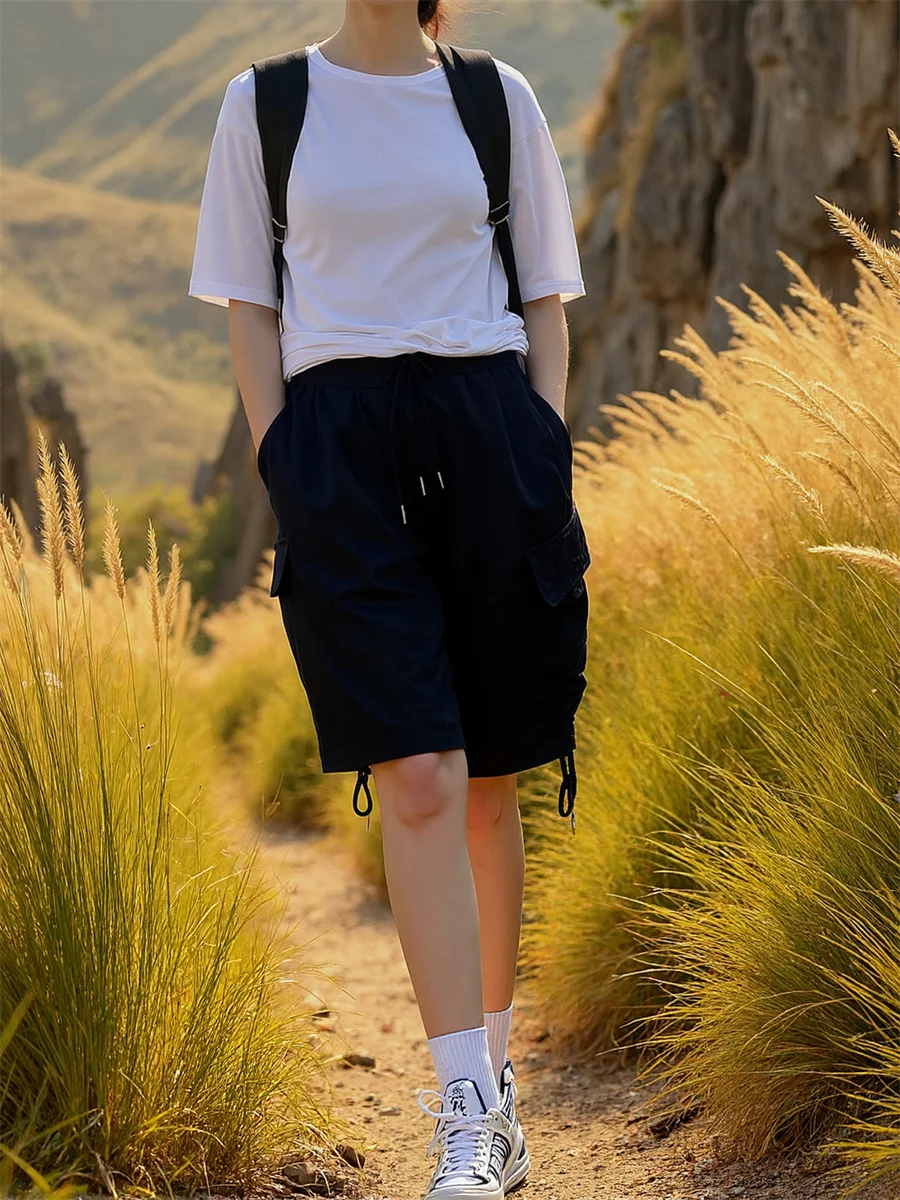 Pantaloncini multitasche a gamba larga Donna Office Lady Elegante A-Line Bottoni classici Vita alta Moda Chic Streetwear Preppy Dimagrante