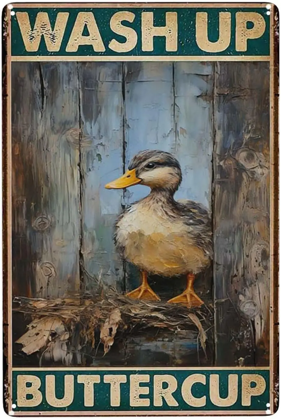 Rustic Farmhouse Tin Sign Wash Up Buttercup Charming Bathroom Decor,Vintage Duck Art Wall decor sings Plaque,Distressed Metal Si
