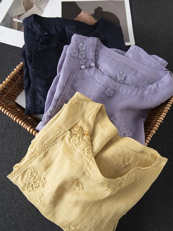 新しい中国風スレ快適な通気性のある刺繍入り麻素材のスベルカラーTシャツ女性用ビジネスカジュアルファッション