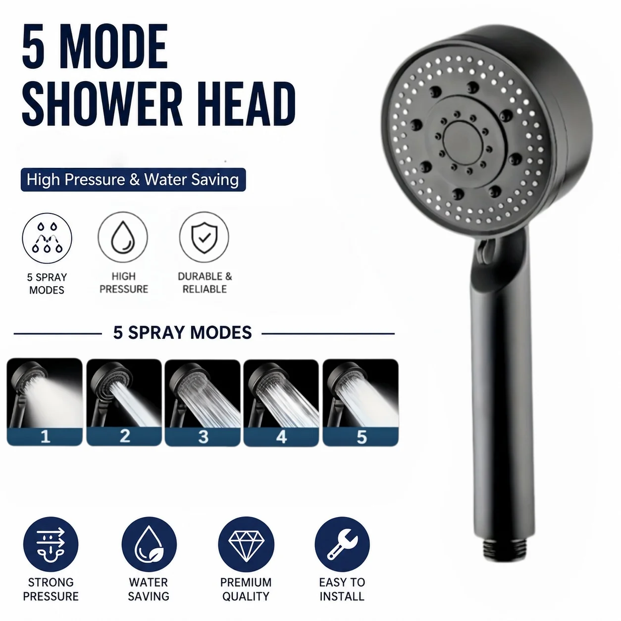 5‑Mode High‑Pressure Shower Head Multi‑Function Spray Modes Gentle for Sensitive Skin Universal Fit Perfect For Shower Only