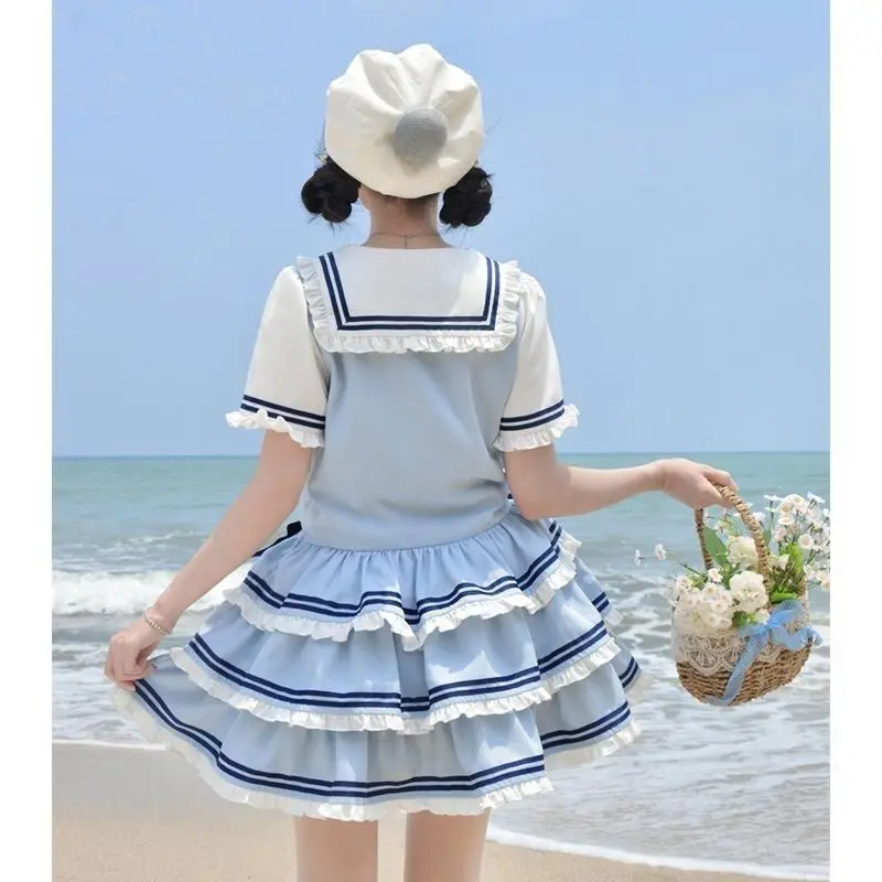 Japanese Sweet Sailor Lolita Dress Women Designer Light Blue White Ruffle Layered Puffy Skirt Kawaii Harajuku Outfit Chic Retro view 3