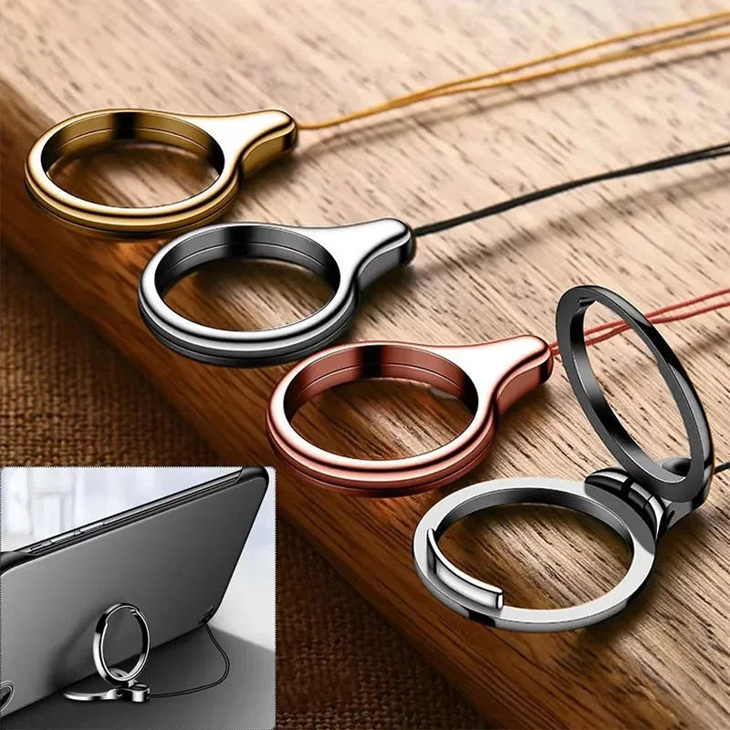 2in1 Mobile Phone Metal Holder Finger Ring Lanyard para for iPhone 16 Pro Max for Samsung for Xiaomi Fold Stand Phone Charm Strap Acessórios straps para celular