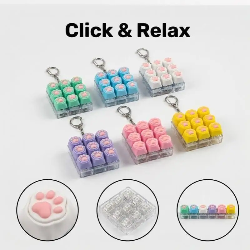 9 Keys Keyboard Key Toy Cat Paws Finger Button Stress Relief Toys Mechanical Keyboard Keycaps Keychain Office Decompression Calm