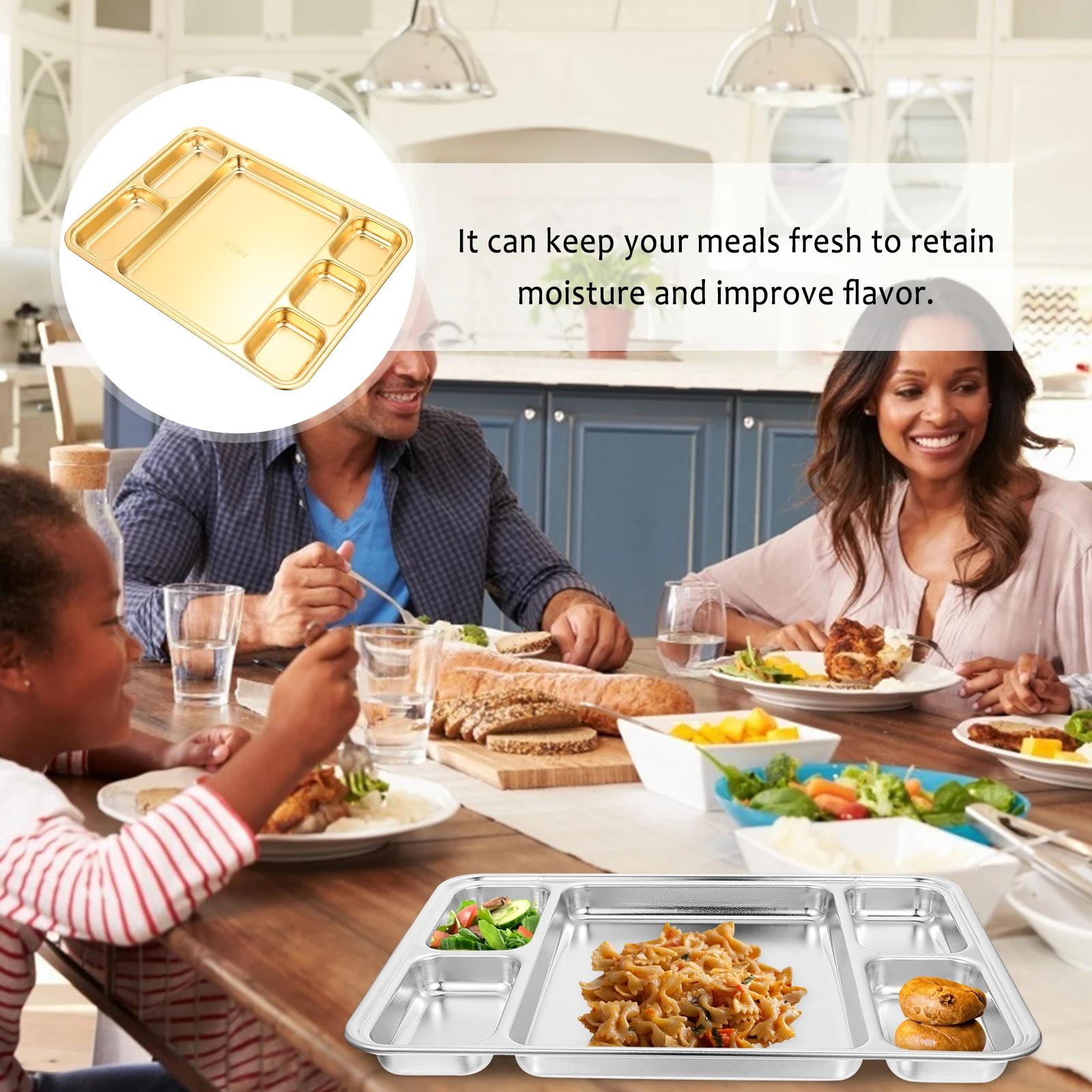 

Stainless Steel Divided Plates Food Serving Plate Dumpling Breakfast Barbecue Toddler Multiple Compartments Stackable Storage