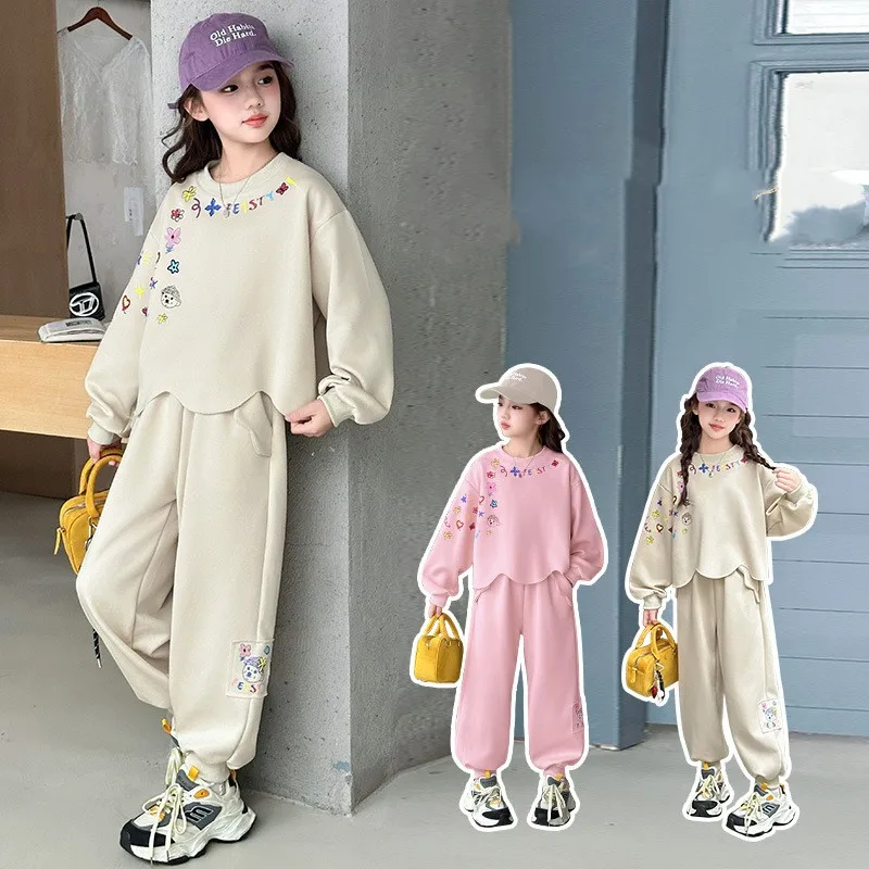Girls Cotton Stylish Cartoon Patch Wavy Cut Sweatshirt+Sweatpant Set School Kids 2PCS Tracksuit Children Jogging Outfit