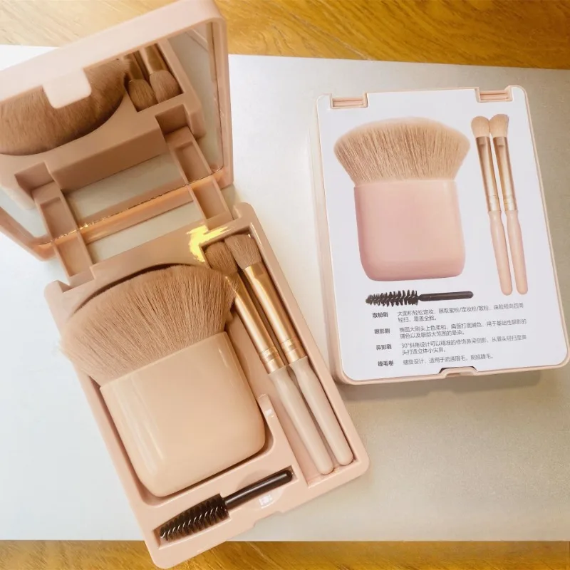4 STKS Mini Spiegel Box Reizen Make-up Borstel Kunstmatige Vezel Foundation Make-up Poeder Blusher Draagbare Oogmake-up Borstelset
