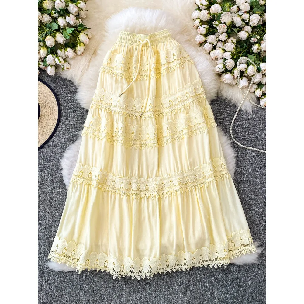 

Women Elegant Chic lace Spliced Sexy Skirt Elastic High Waist Korean Fashion Vintage A-line Skirt Slim Clothing