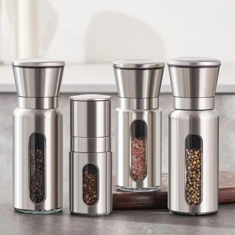 Stainless Steel Manual Salt Pepper Mill Adjustable Pepper Seasoning Bottle Spice Grinding Containers Mill Shakers Kitchen Gadge