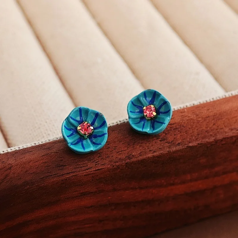 Small Flower Stud Earrings for Women Cute Blue Acrylic Pink Rhinestones Flowers Earrings Party Sweet Girls Gift Jewelry
