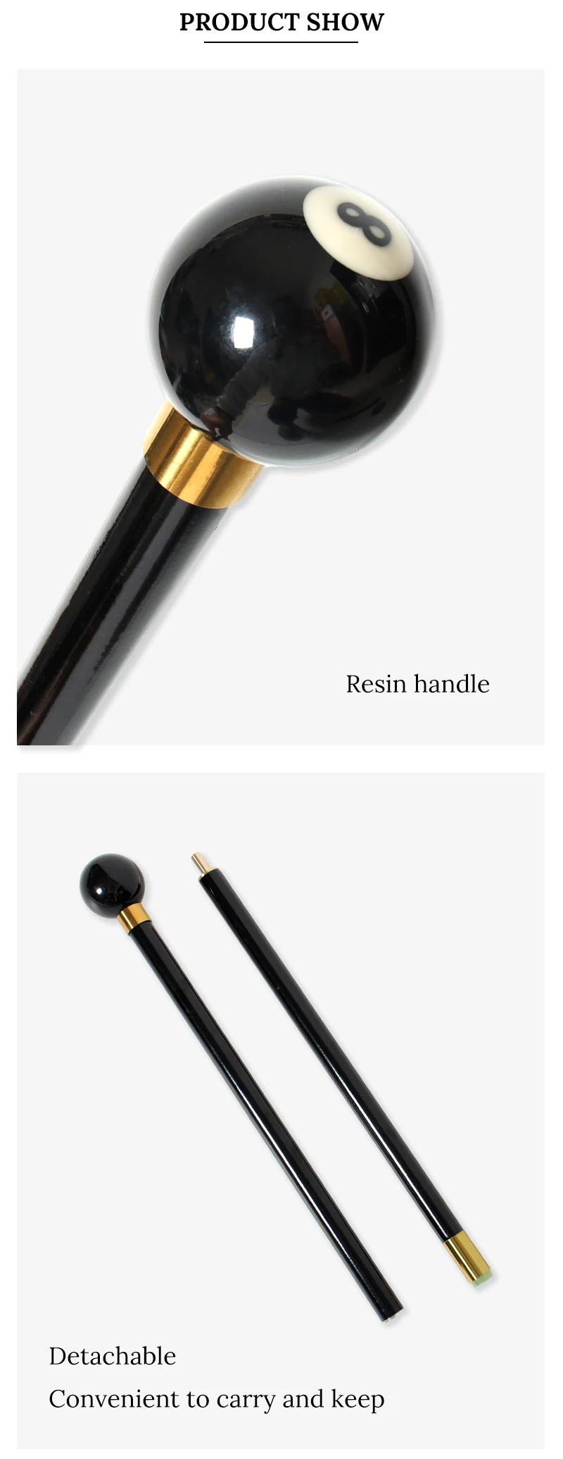 Black Beech Wood Walking Cane with 8 Ball Handle 2-Piece Detachable Fashionable Stick for Men And Women Daily Use Cosplay