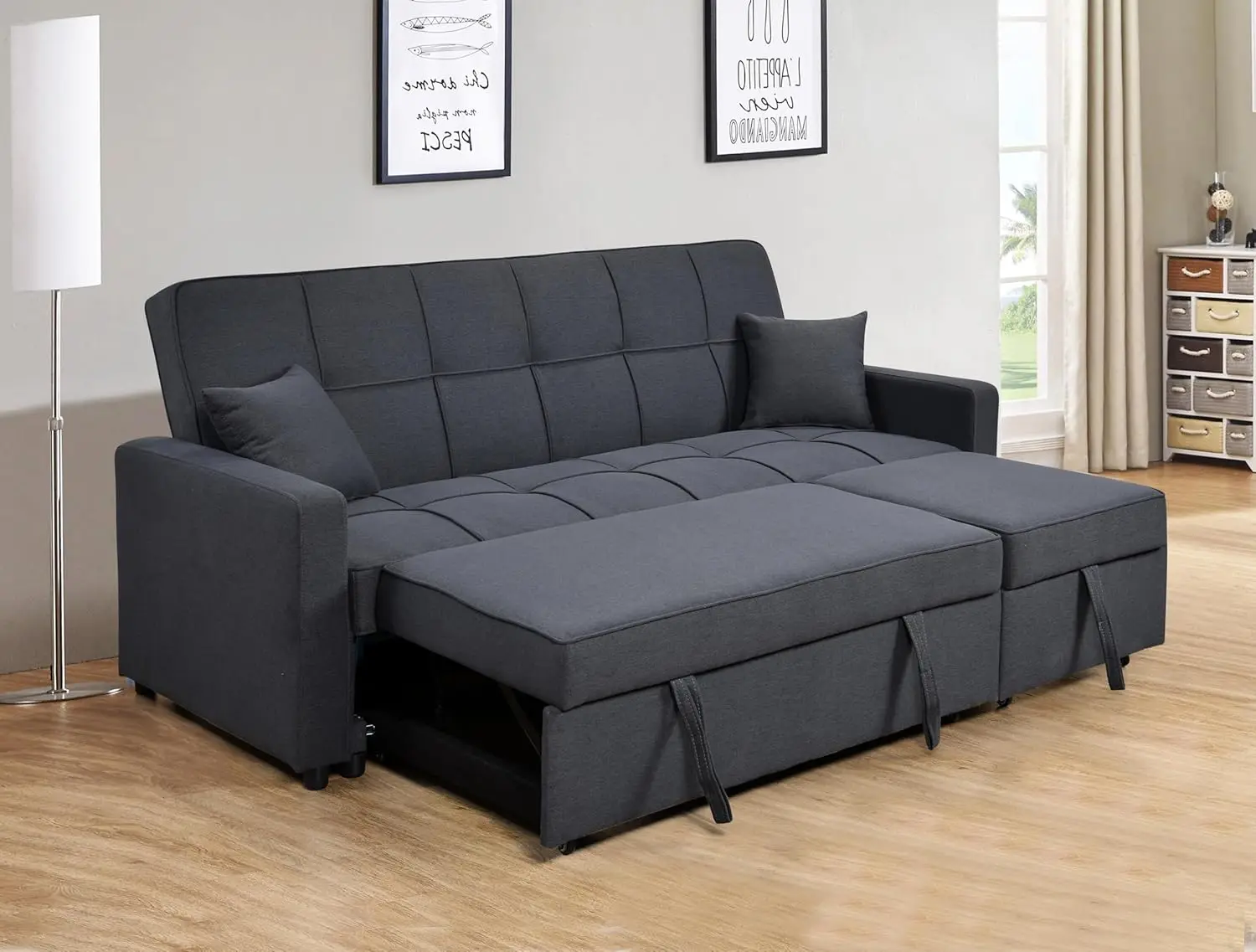 82 inch sleeper sofa with pull-out bed, convertible sofa in living room, adjustable backrest sleeper with pull-out lounge chair