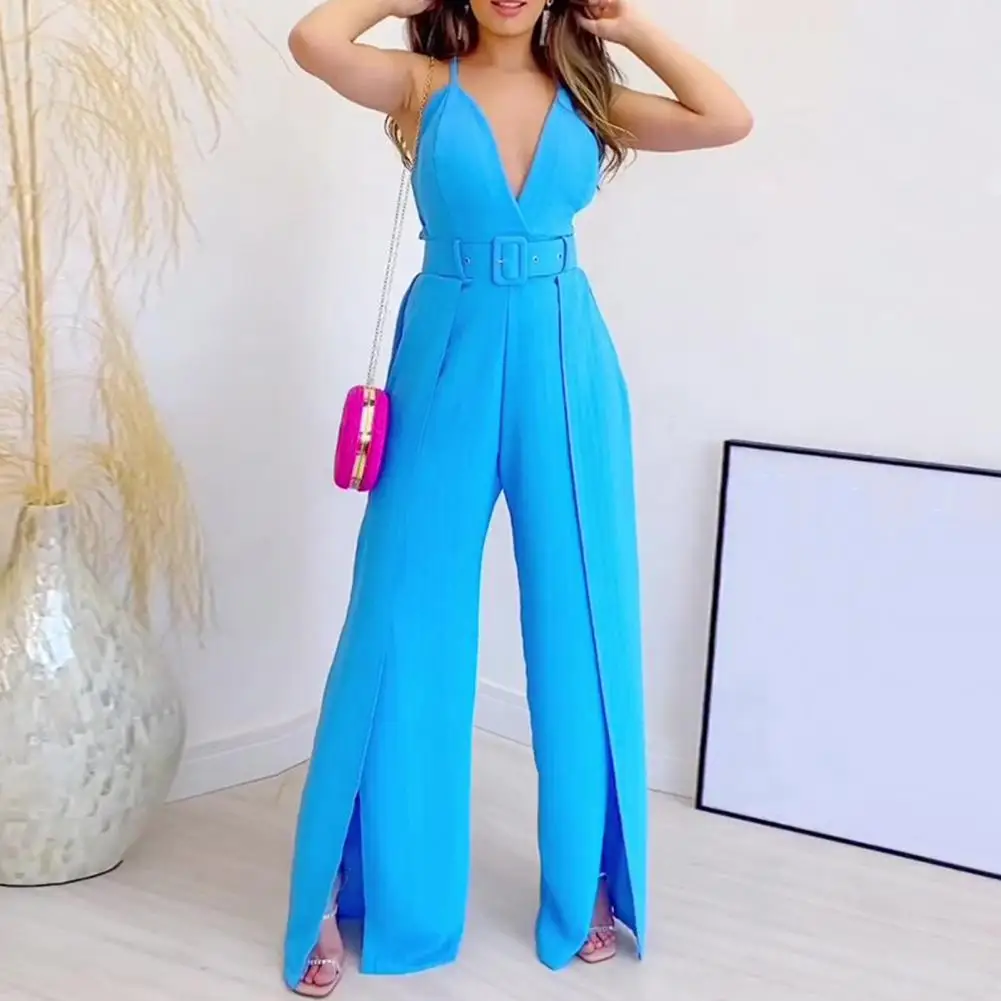 Frauen rücken freier Overall eleganter Overall mit V-Ausschnitt und breitem Bein mit Gürtel und schicker Büro kleidung für Frauen, stilvoll für den Sommer