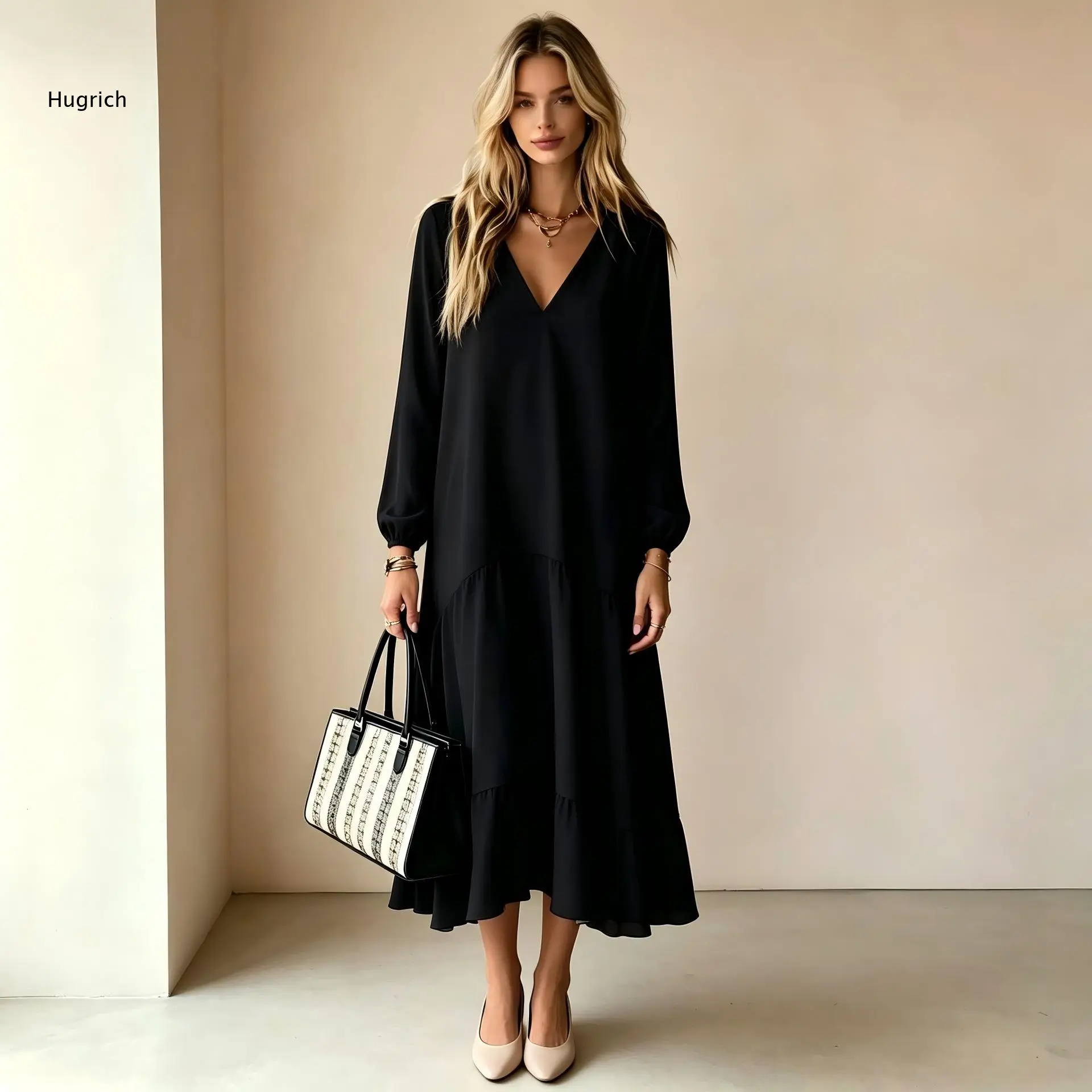Tiered Ruffle Hem Loose Swing Midi Dress Women V Neck Long Sleeve Flowy Dress For Travel And Commute Matching