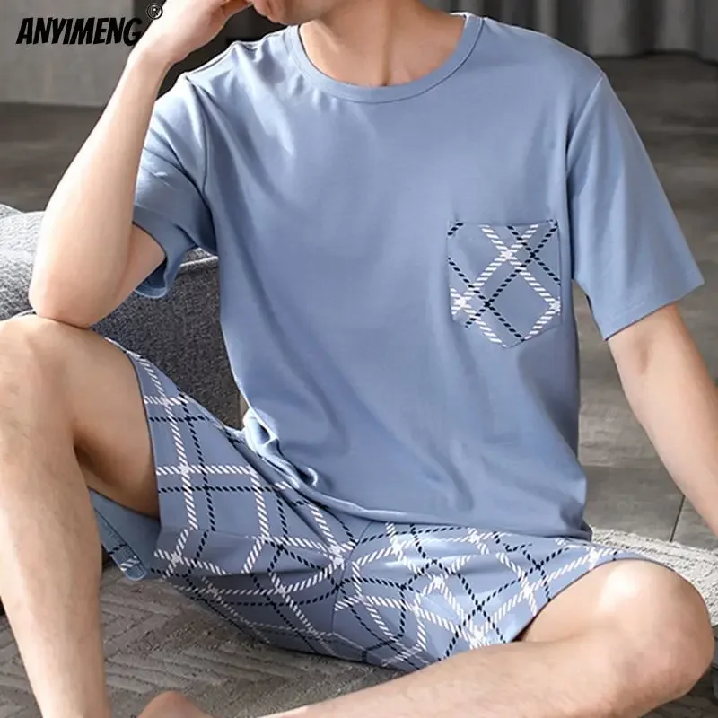 Men Pajamas Set Summer Cotton L-5XL Casual Sleepwear Minimalist Style Shorts Leisure Homewear Fashion Boys Nightwear Pijamas