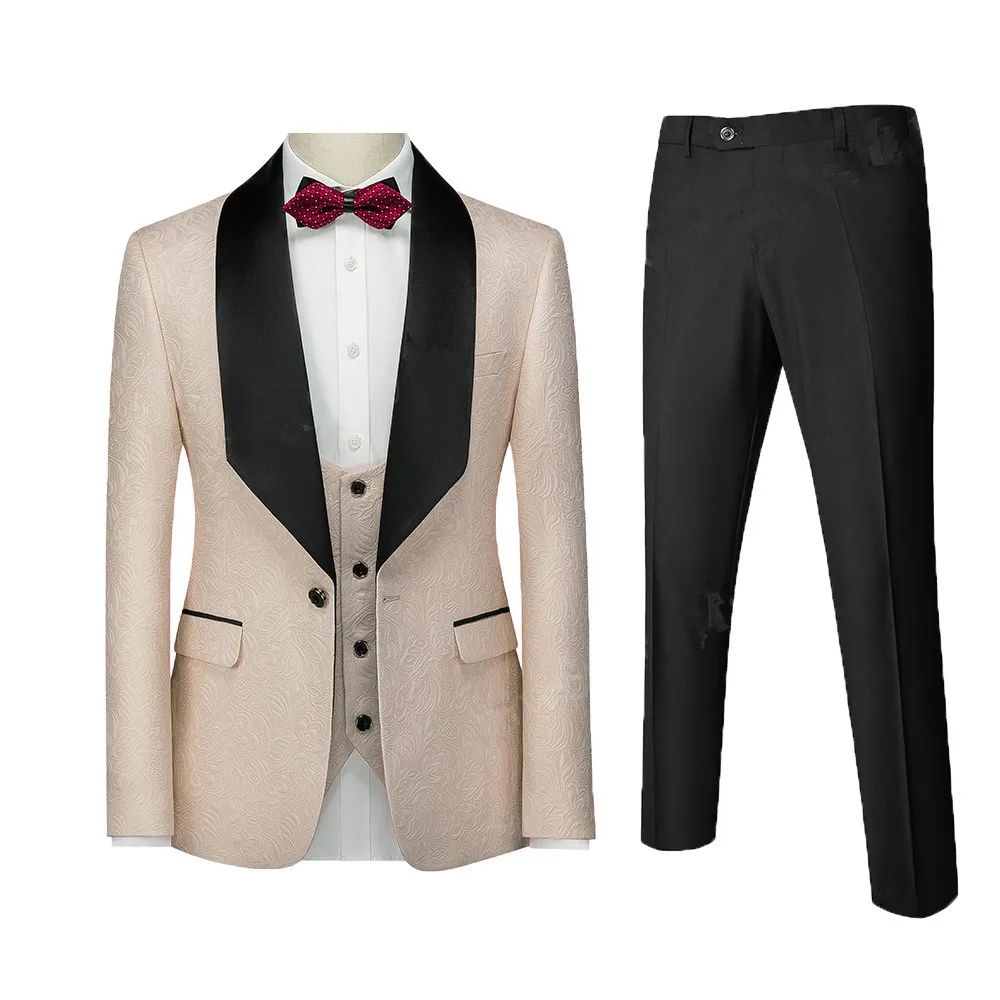 

Lansboter Beige Men Suit 3 Pieces Floral Jacquard Black Shawl Lapel For Wedding Tuxedos Banquet Set Jacket Vest With Black Pants