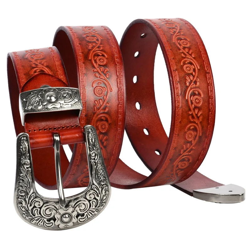 3.8cm New Embossed Top Layer Cowhide Men's Personalized Carved Flower Belt,Genuine Leather Retro Hip-hop Punk Ethnic Style Belt