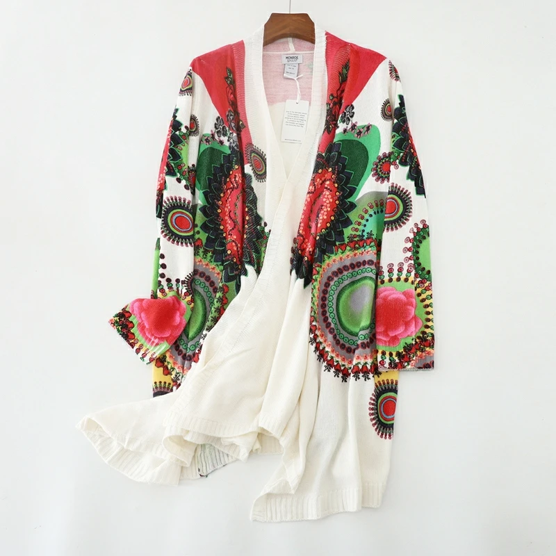 Foreign trade original single fashion printing loose irregular long knitted cardigan with cape