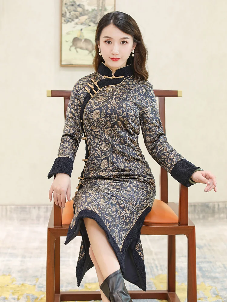 

Улучшенное теплое платье-ципао Young Sle для мам, версия Slimming Ele, большие размеры, с длинным рукавом, с цветочным принтом, для повседневной носки