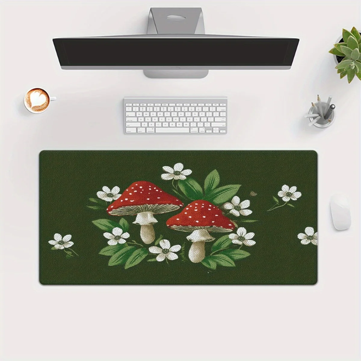 

1 шт. Коврик для мыши с красными грибами и белыми цветами — темно-зеленое резиновое нескользящее основание, прочный настольный коврик для игр и офисов