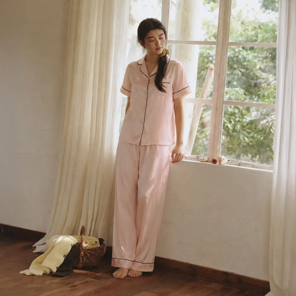 Women's Silk Sleepwear Set Summer Short Sleeve Long Pants Pajamas Solid Color Elegant Loungewear Casual Home Clothes Suit
