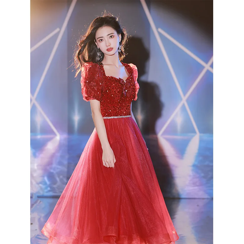 Vestidos de quinceañera cortos rojos para mujer, vestido de noche de manga corta con lazo de lentejuelas, vestido de graduación moderno dulce exquisito