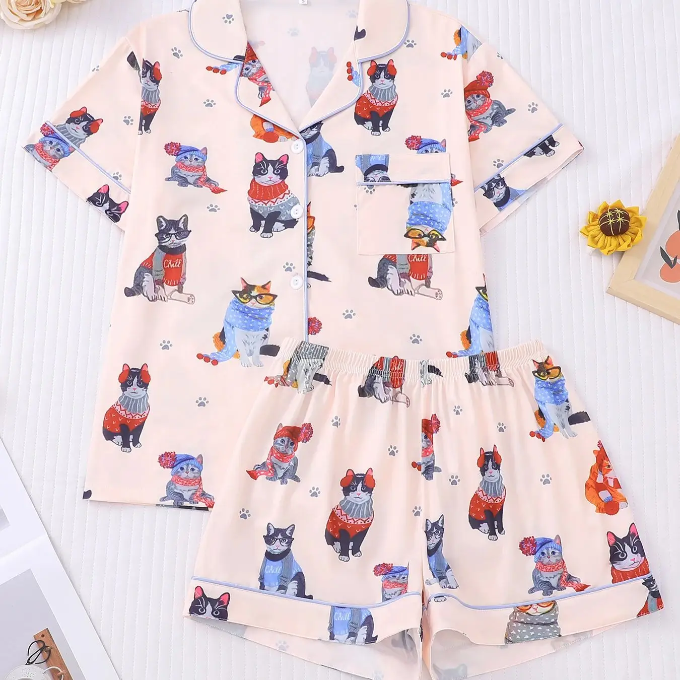 

Cute and funny cat full printed household clothes foundation make-up short sleeved shorts pajamas for women