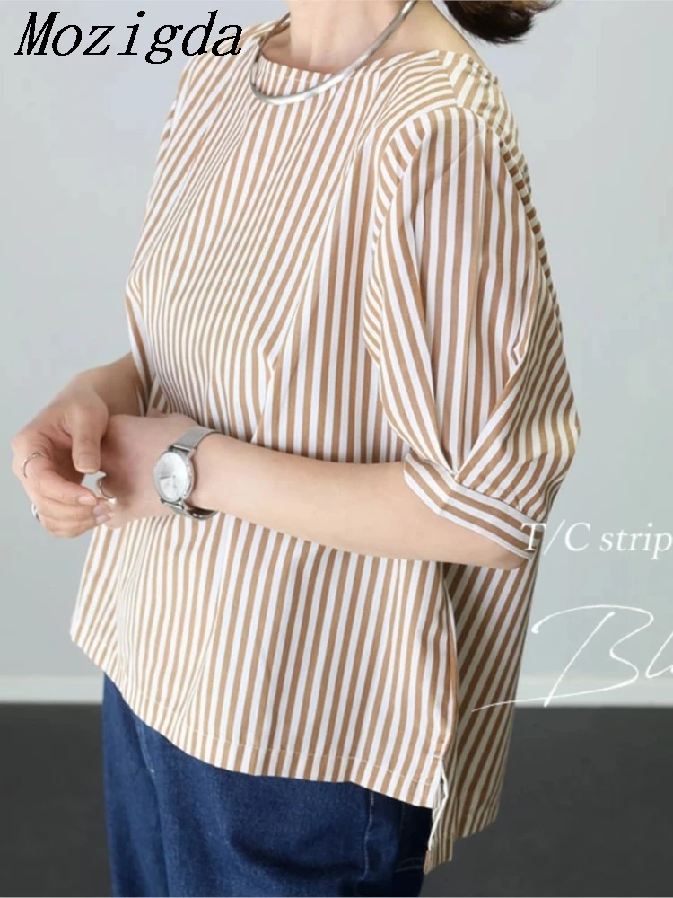

Loose Striped Shirt Women's Summer Fashion Slimming Design Korean Japanese Style Casual Top Breathable Polyester Cotton Blend