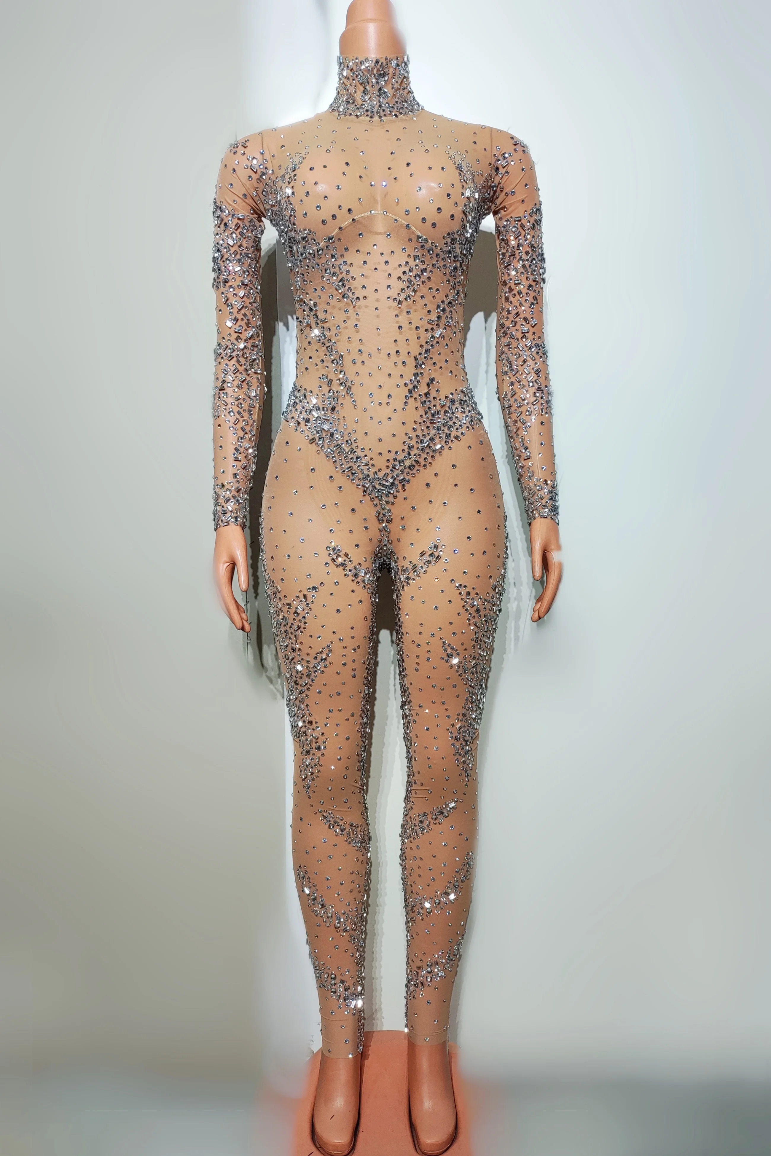 Luxury Nude See Through Rhinestone Bodysuit Fashion Outfits Show Dance wear Club Party Rompers Crystal Mesh Jumpsuits for Women