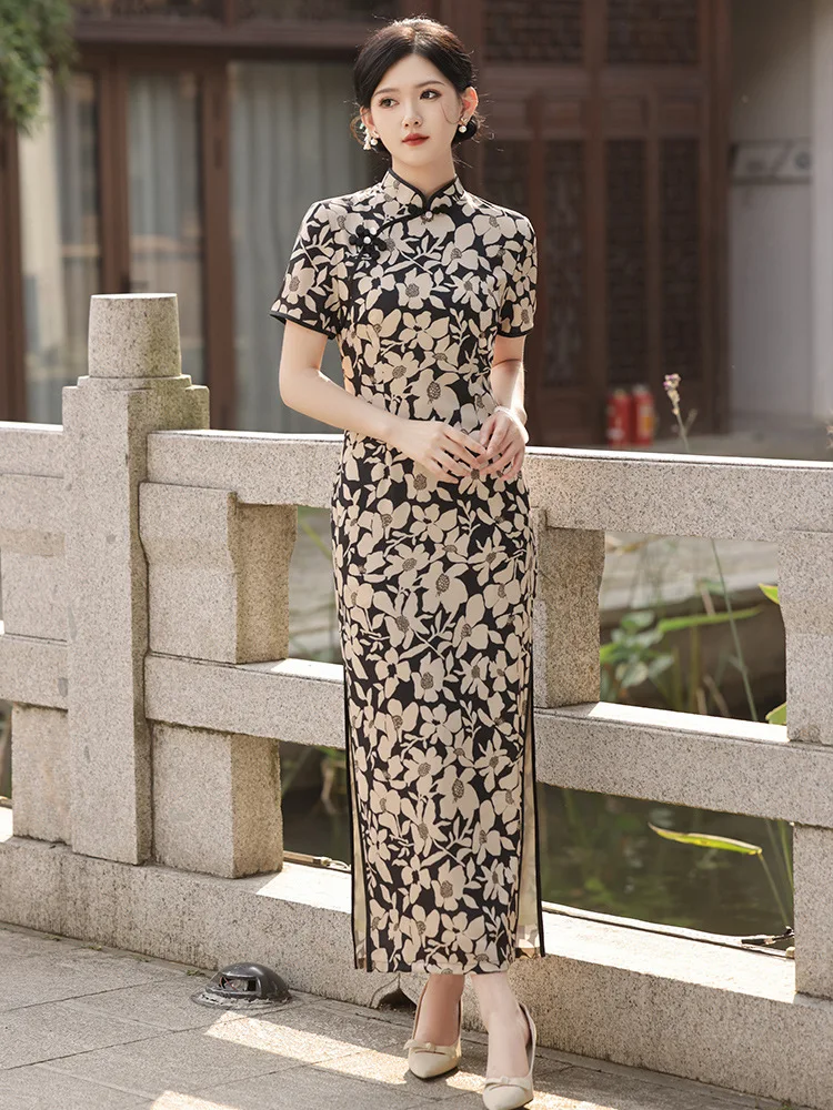 

Vintage Slim Chinese Traditional Cheongsam Short Sleeve Split Dress Women Long Qipao Dress