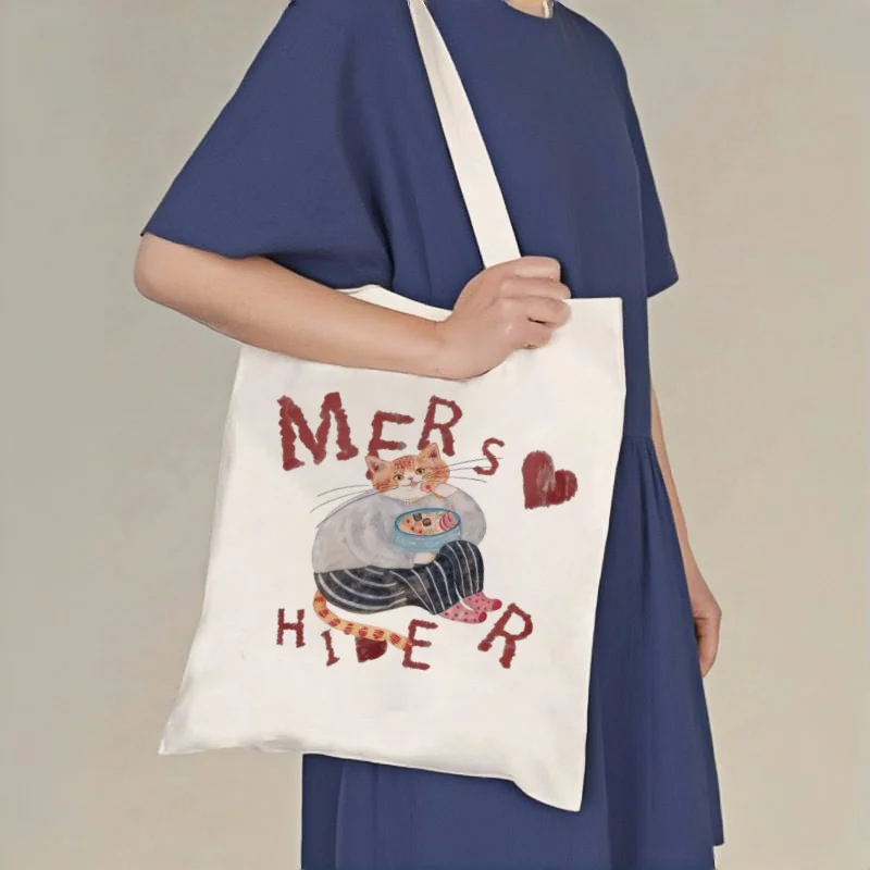 1pc Watercolor Cat "MERS HIDER" Canvas Tote Bag, Casual Shoulder Shopper, Reusable Grocery & Daily Carry Bag