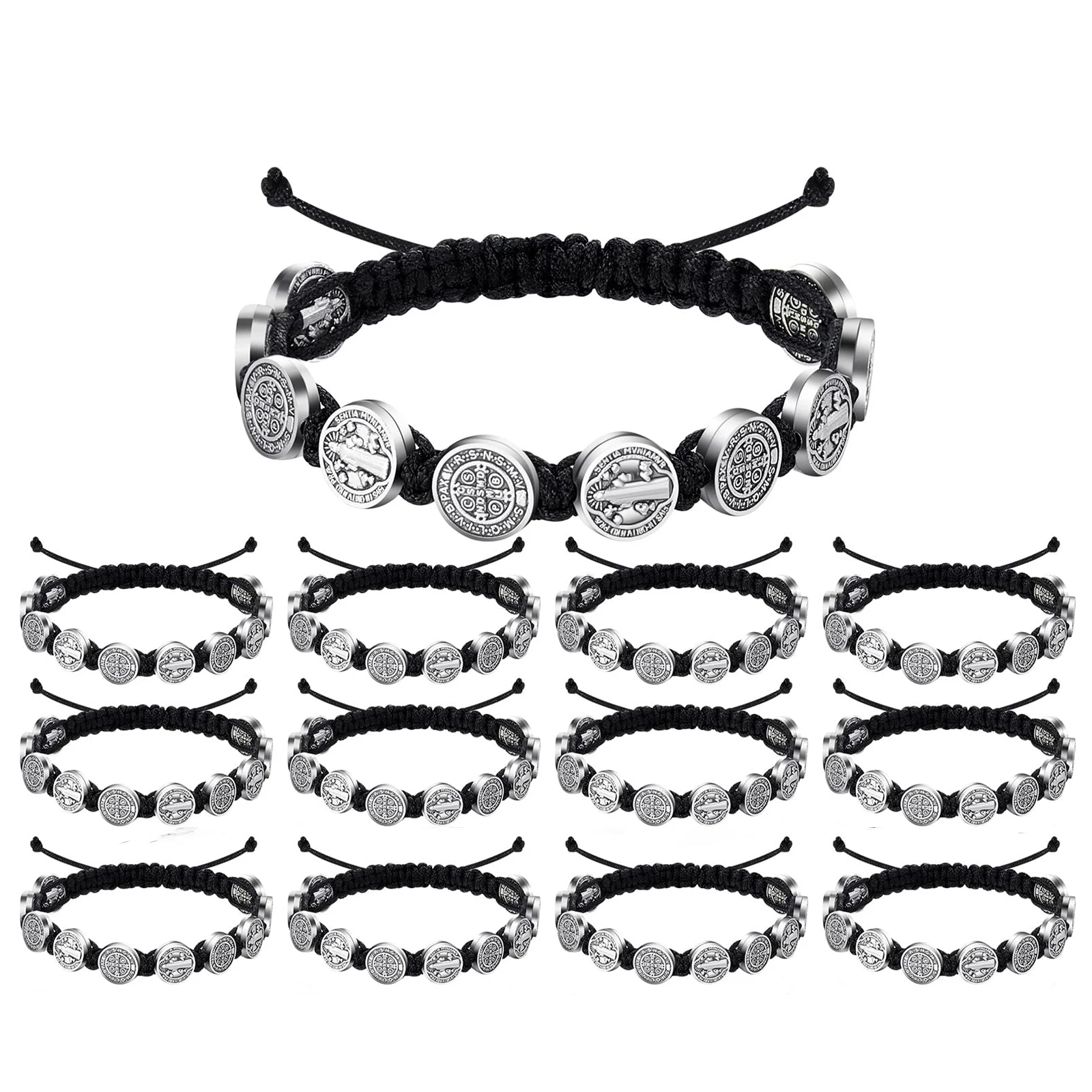 12PCS/Pack San Benito Bracelets Protection Red Black Cord Benedict Medal Rosary Blessing Friendship Bracelet Gift for Women Men