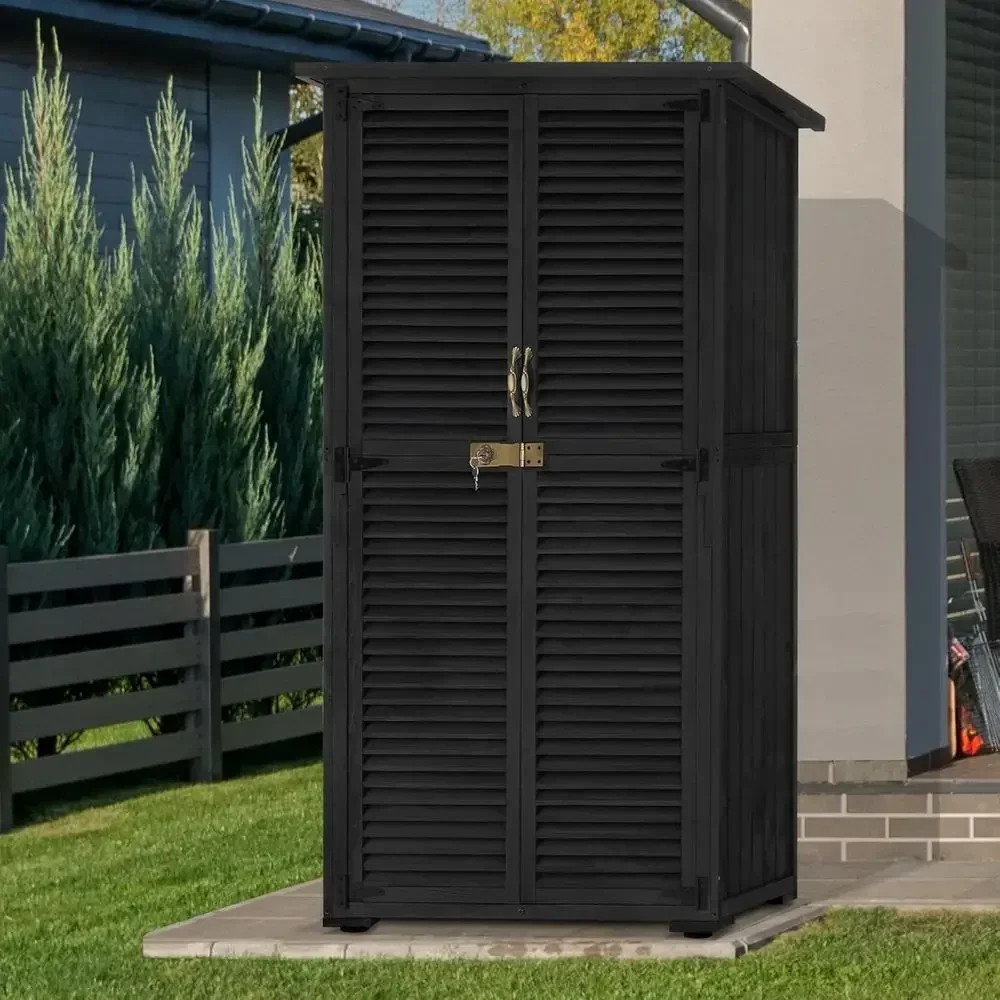 Medium Black Wooden Outdoor Storage Shed with Double Doors for Garden Tools and Patio Yard Lawn