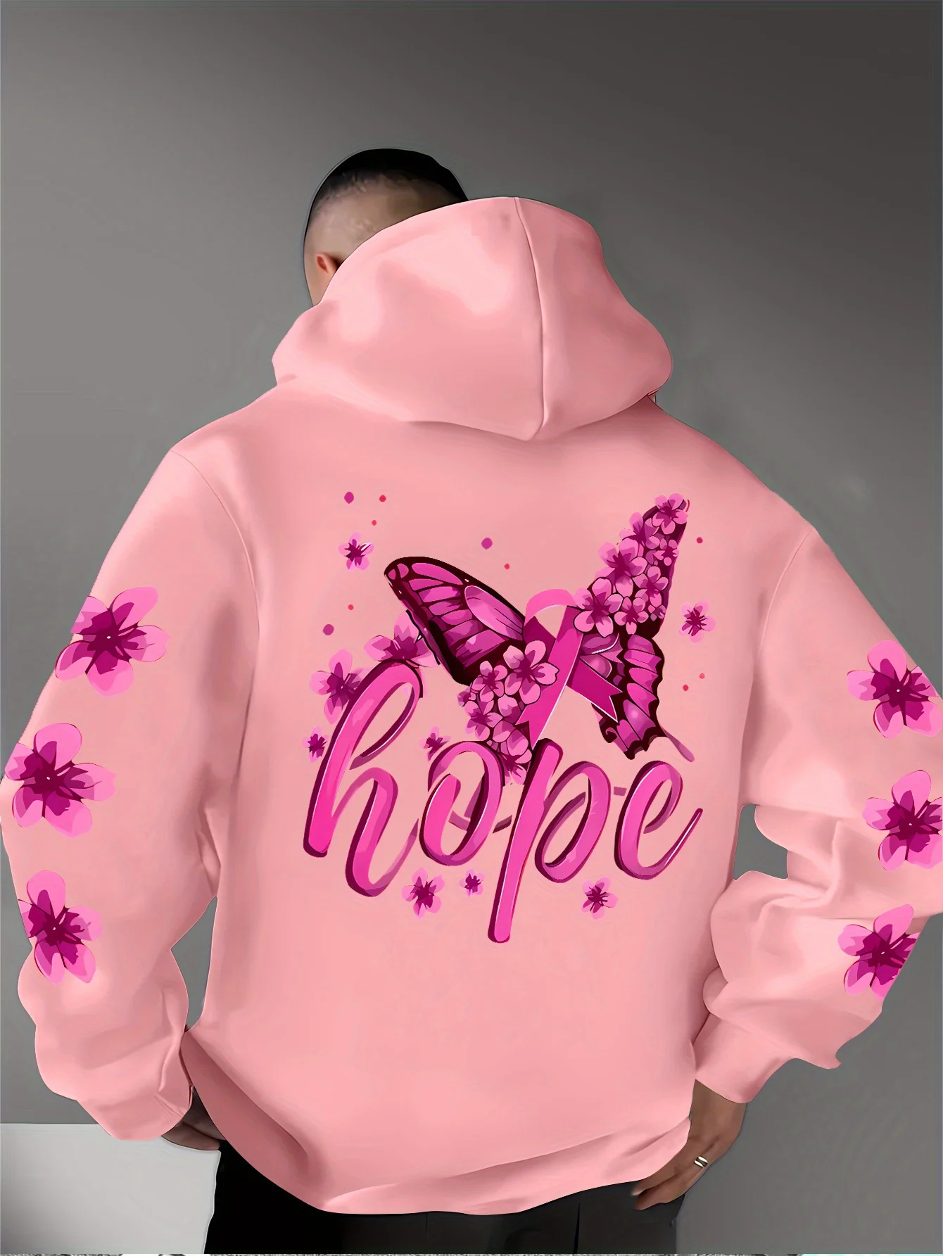 Herren Sport Hip-Hop Hoodie Rosa Blumen Schmetterling Hoffnung Buchstaben Grafik Rückendruck Streetwear Fleece Pullover Sweatshirt – Detail 7