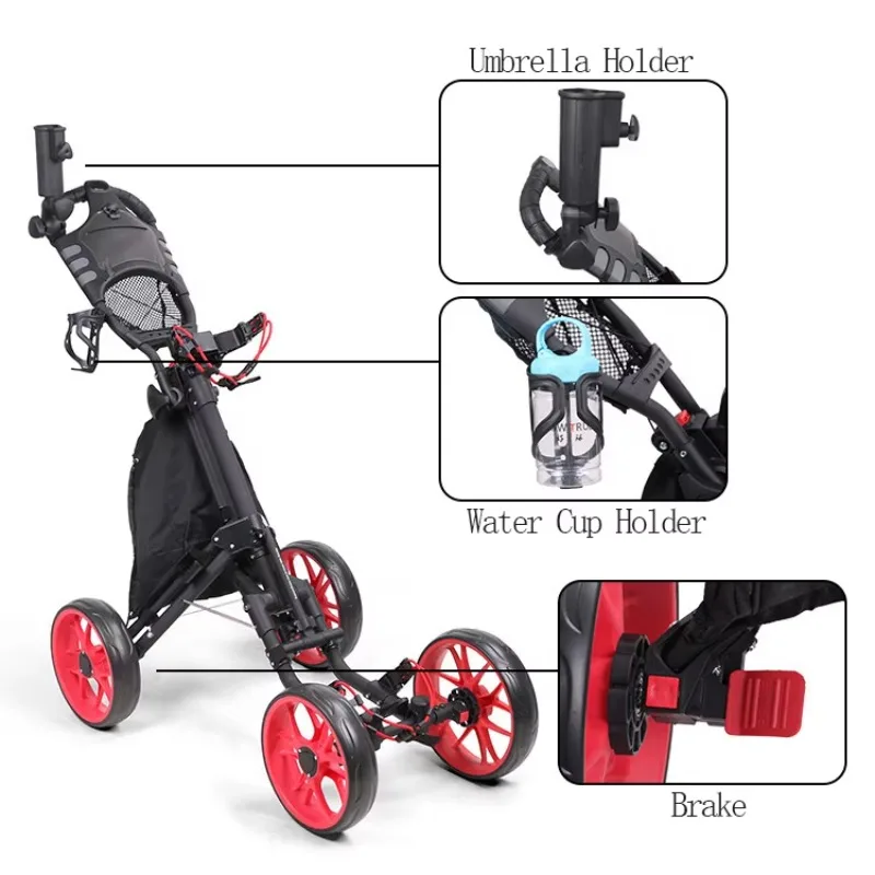 Latest Design Golf Bag Pull Push Cart Aluminum Alloy 4 Wheels Push Golf Trolley With Umbrella Holder