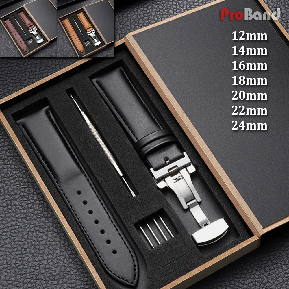 

Leather Watch Band 12/14/16/18/20/22/24mm Watch Straps Butterfly Buckle Men's and Women's Business with Box Universal Wristbelt