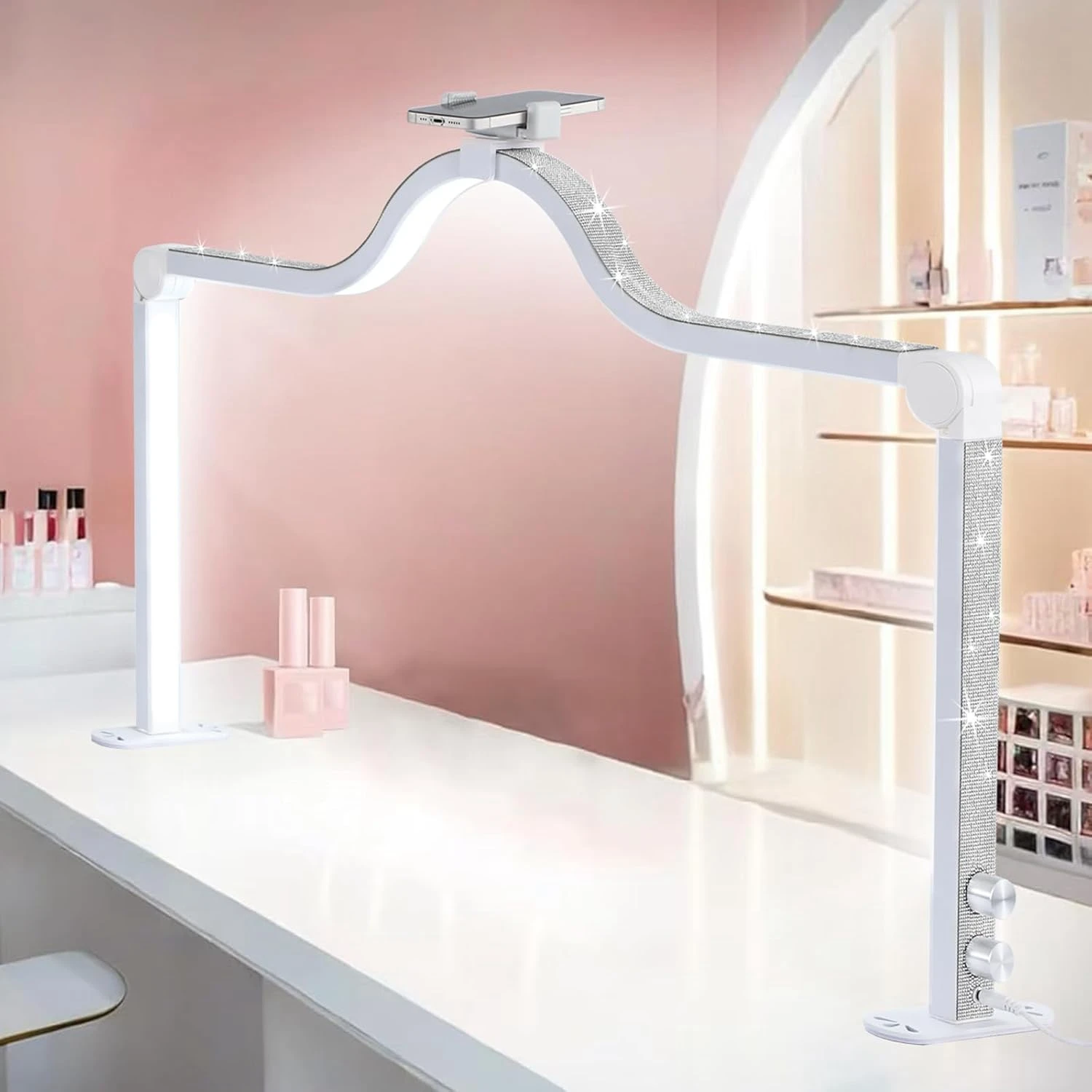 35-inch Led Nail Lamp with Phone Holder Sauqre 48W LED Half Moon Nail Desk Light Shape Fill Light for Manicure Lash