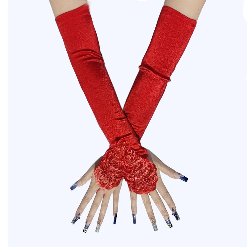 48 سنتيمتر طويلة الساتان مثير الدانتيل والتطريز هوك قفازات الاصبع الرجعية حزب النساء آداب محرك تأثيري عشاء الرقص القفازات #5