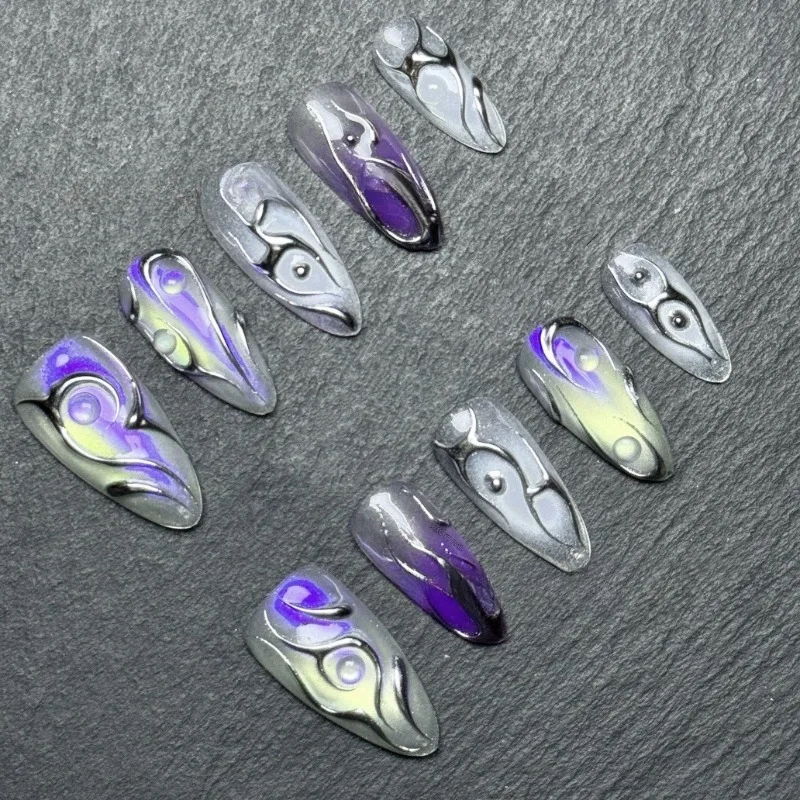 

24PCS Technological Gilt Silver False Nails Purple Laser Press on Nails Y2K Millennium Hot Girl Nail Art European American Uñas