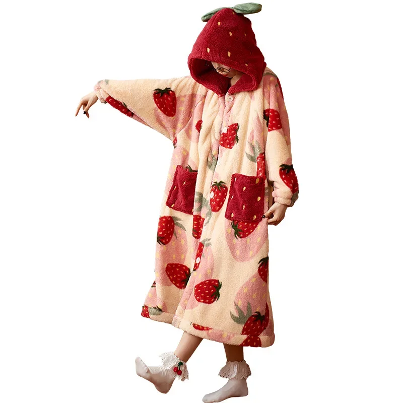 

Winter Pajamas For Women Strawberry Cartoon Hooded Long Robe Jacket Cute Home Wear Sleepwear Kawaii Flannel Warm Comfy Bathrobe