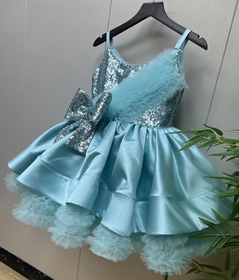 New Girl Princess Dress Birthday Party Stage Performance Blue Suspender Sequin Bow Elegant Girls Evening Dress