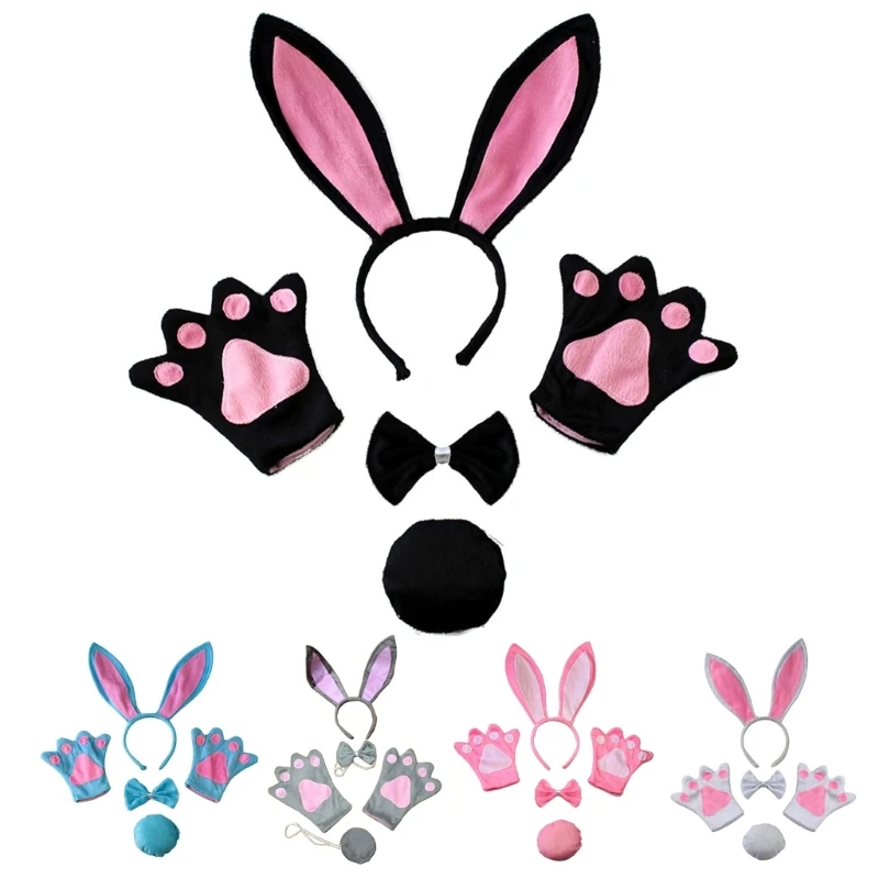 Ragazze Costume da coniglio fascia per capelli cravatta coda zampa guanti Set Cosplay puntelli per feste accessori per costumi Anime puntelli per foto per bambini