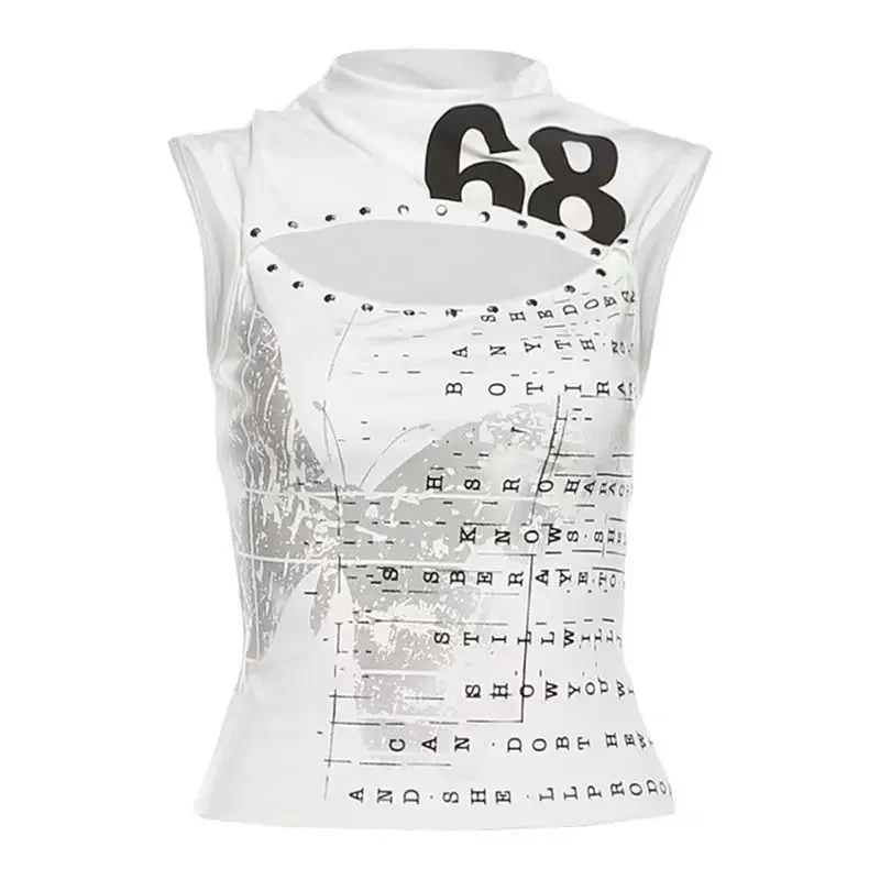 Personality Cool Girl O Neck Hollow Out Sleeveless Camisole Y2k American Letter Print Thin T Shirt Harajuku Slim Punk Streetwear